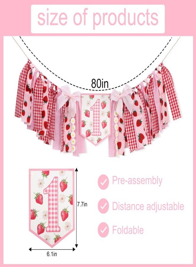 HIKLO Strawberry Daisy 1st Birthday High Chair Banner - Pink Red Berry Theme Highchair Banner, Gingham Sweet Berry First Birthday Party Decoration, Best Sweet One Cake Smash Photo Props, Strawberry Picnic Party Supplies - Image 2